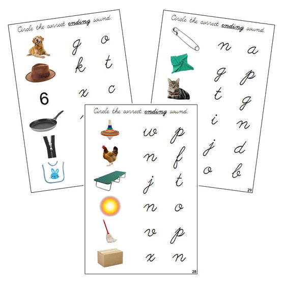 Step 1: Ending Sound Choice Cards (photos) - CURSIVE - Montessori Print Shop phonics lesson