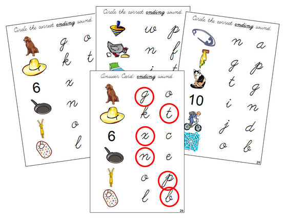 Montessori Step 1: Ending Sound Choice Cards - CURSIVE - Montessori Print Shop phonics lesson
