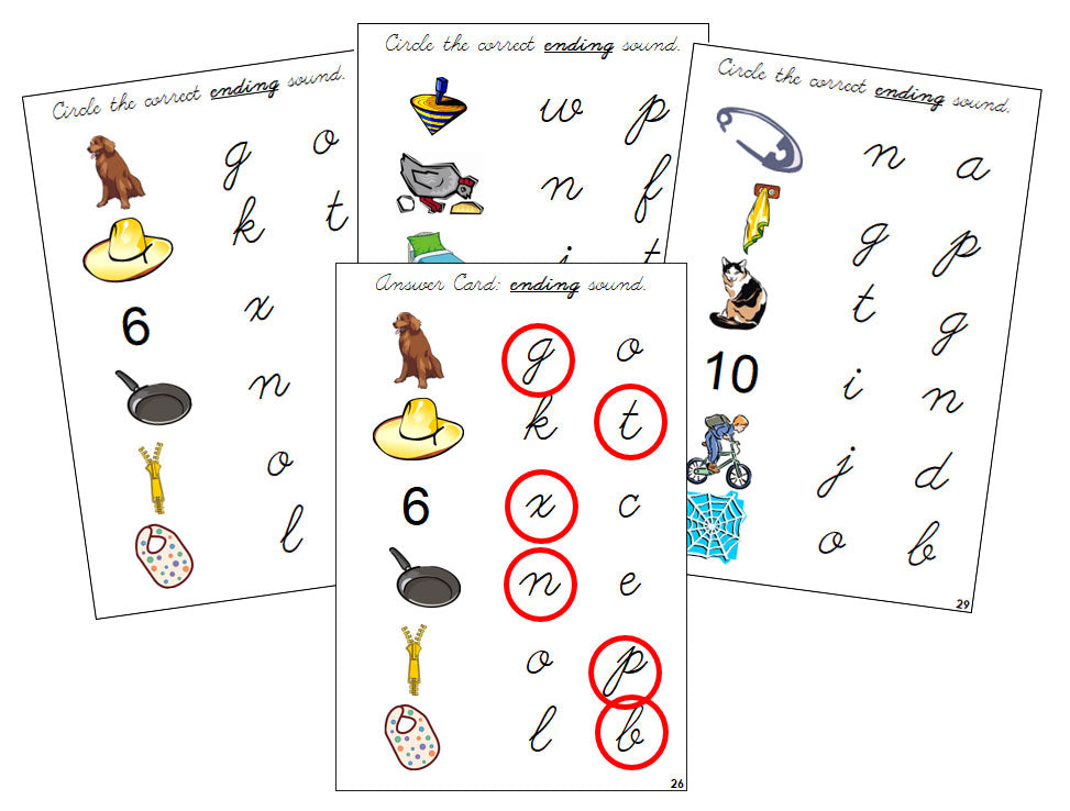 Montessori Step 1: Ending Sound Choice Cards - CURSIVE - Montessori Print Shop Digital Download phonics lesson