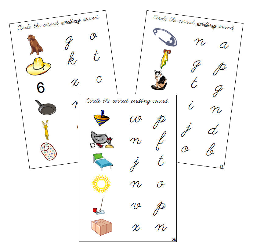 Step 1: Ending Sound Choice Cards - CURSIVE - Montessori Print Shop phonics lesson