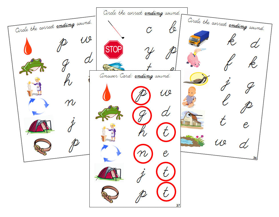 Montessori Step 2: Ending Sound Choice Cards - CURSIVE - Montessori Print Shop phonics lesson