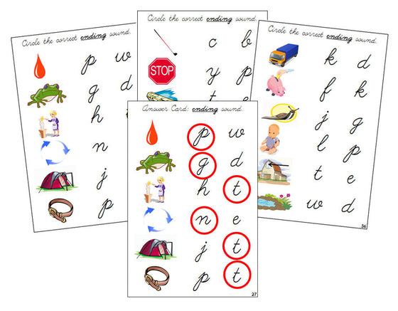 Montessori Step 2: Ending Sound Choice Cards - CURSIVE - Montessori Print Shop phonics lesson