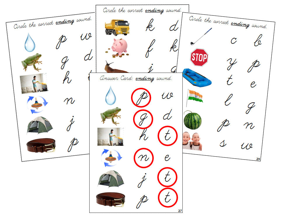 Montessori Step 2: Ending Sound Choice Cards (photos) - CURSIVE - Montessori Print Shop phonics lesson