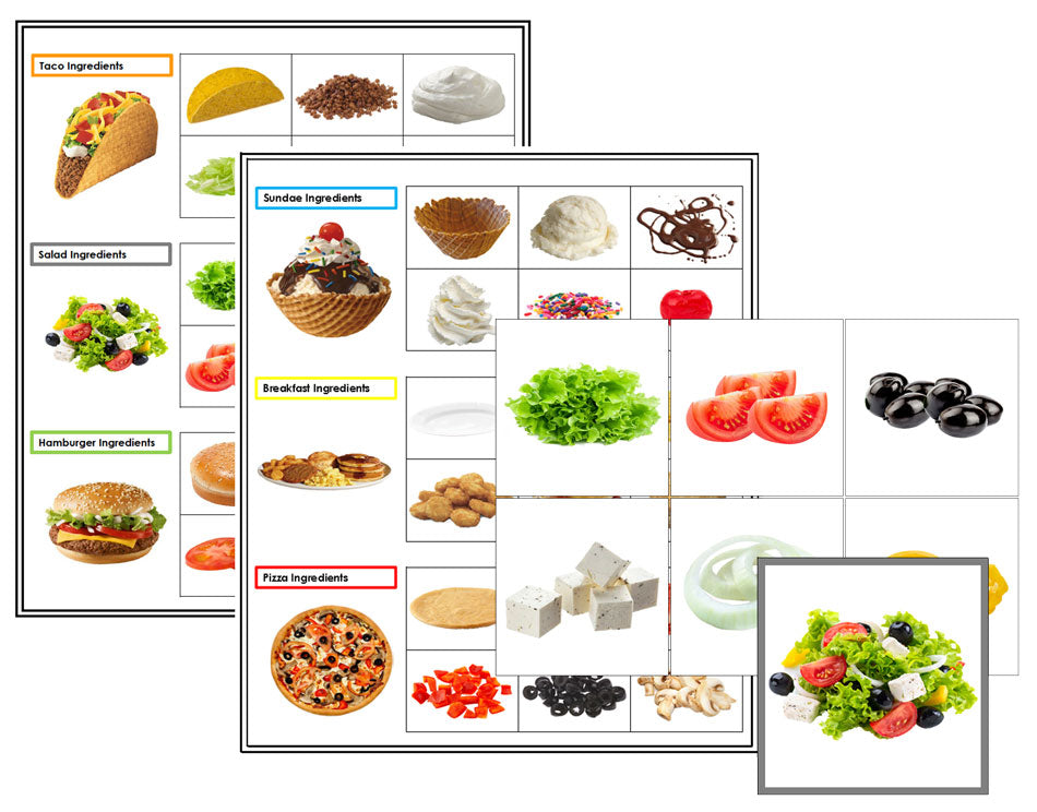 Food Creation Cards - Sort and classify ingredients for six foods. Made by Montessori Print Shop