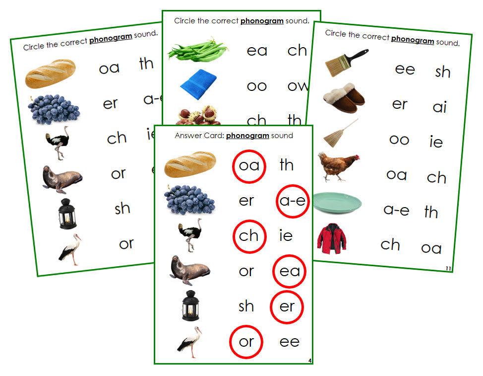Montessori Green Phonogram Sound Choice Cards - Set 1 (photos) - Montessori Print Shop phonogram language program