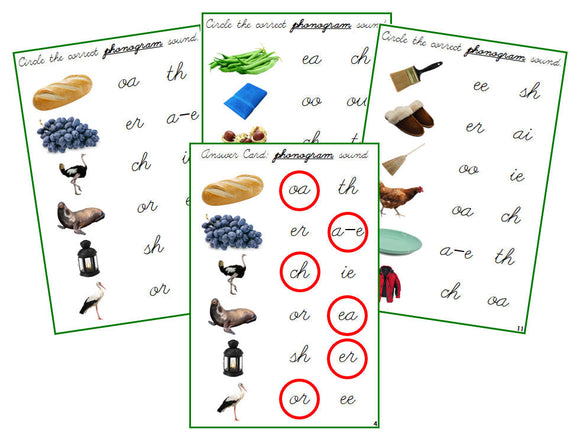 Montessori Green Phonogram Sound Choice Cards - Set 1 (photos) - CURSIVE - Montessori Print Shop phonogram lesson