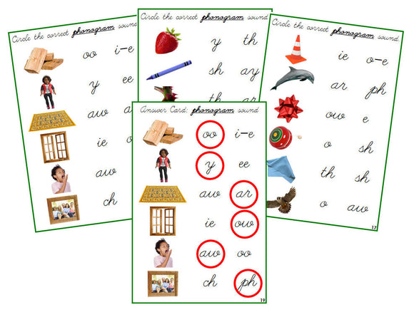 Montessori Green Phonogram Sound Choice Cards - Set 2 (photos) - CURSIVE - Montessori Print Shop phonogram lesson