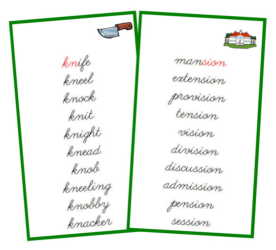 Green Phonogram Cards - Set 2 - CURSIVE - Montessori Print Shop phonogram lesson