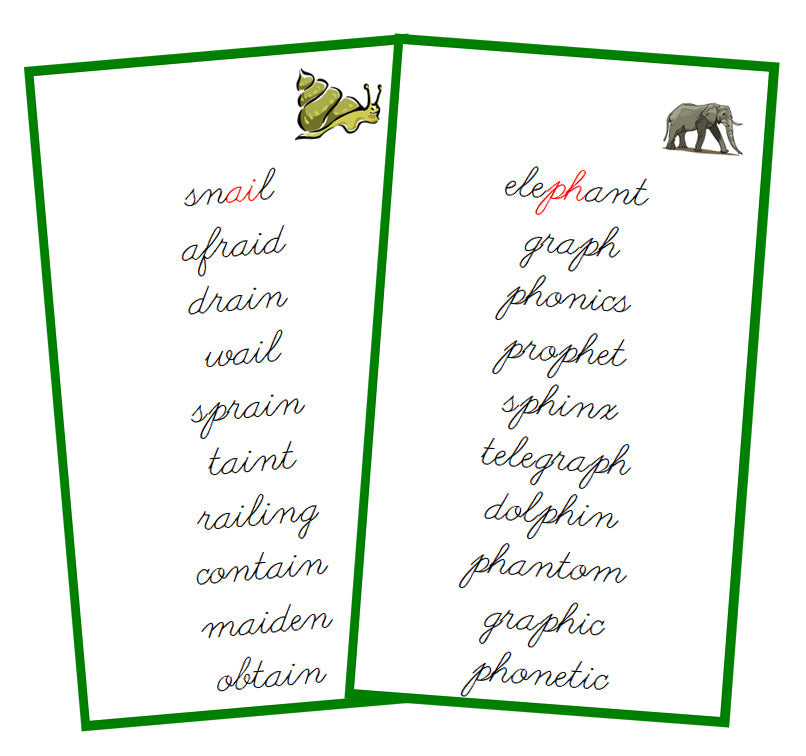 Green Phonogram Cards - Set 1 - CURSIVE - Montessori Print Shop Digital Download phonogram lesson