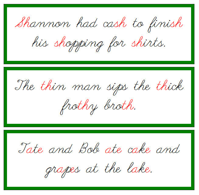 Green Phonogram Sentence Cards - CURSIVE - Montessori Print Shop Digital Download phonogram lesson