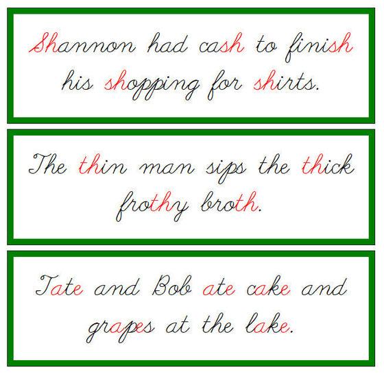 Green Phonogram Sentence Cards - CURSIVE - Montessori Print Shop phonogram lesson