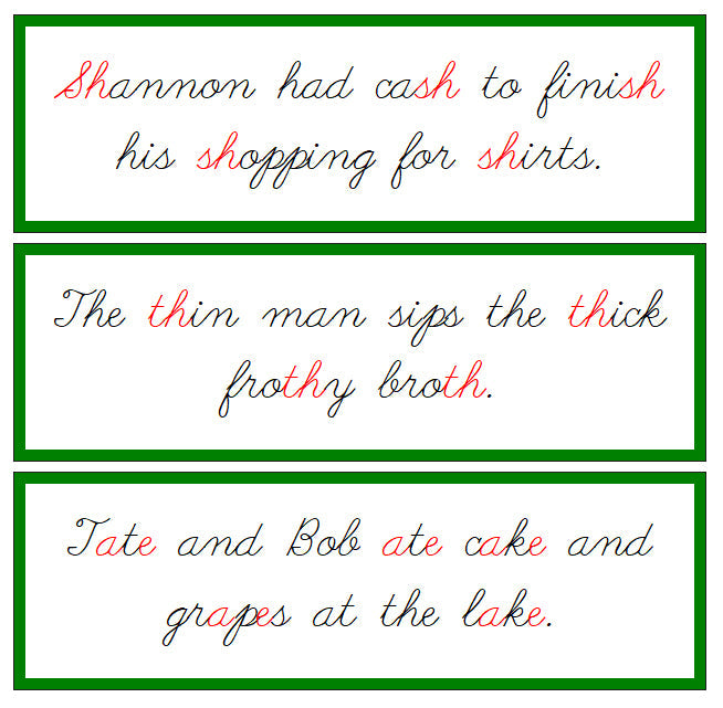 Green Phonogram Sentence Cards - CURSIVE - Montessori Print Shop phonogram lesson