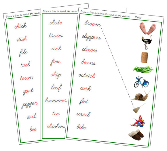 Green Phonogram Word & Picture Match - Set 1 (photos) - CURSIVE - Montessori Print Shop phonogram lesson