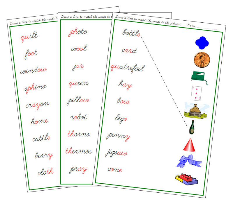 Green Phonogram Word & Picture Match - Set 2 - CURSIVE - Montessori Print Shop Digital Download phonogram lesson