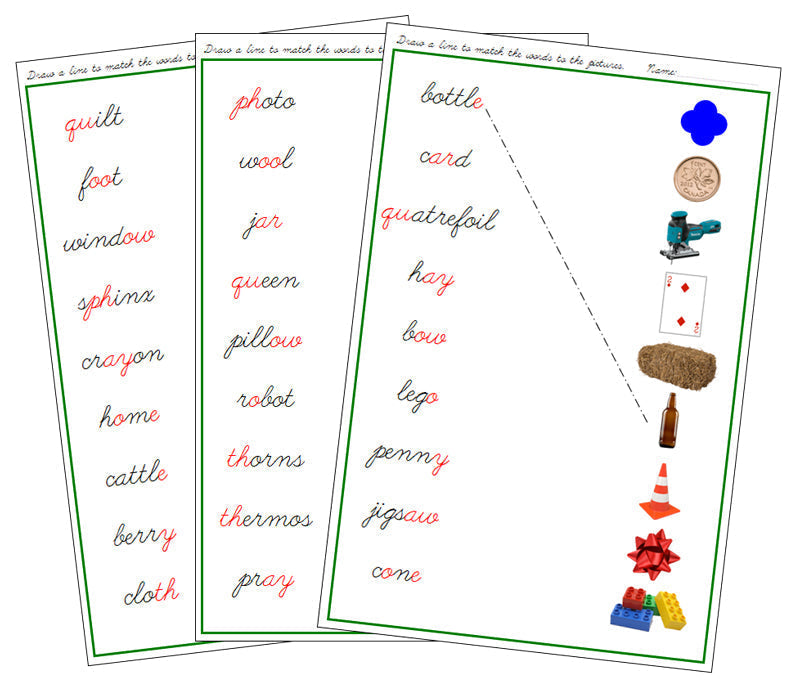 Green Phonogram Word & Picture Match - Set 2 (photos) - CURSIVE - Montessori Print Shop Digital Download phonogram lesson