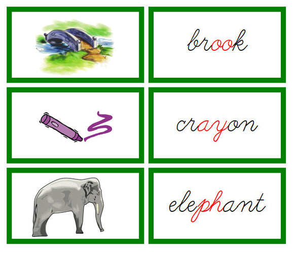 Green Phonogram Words & Picture Cards - Set 2 - CURSIVE - Montessori Print Shop phonogram lesson