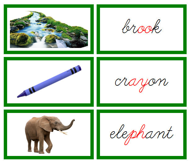 Green Phonogram Words & Picture Cards - Set 2 (photos) - CURSIVE - Montessori Print Shop Digital Download phonogram lesson