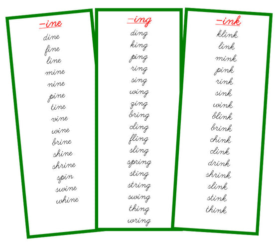 Green Word Families - CURSIVE - Montessori Print Shop language lesson