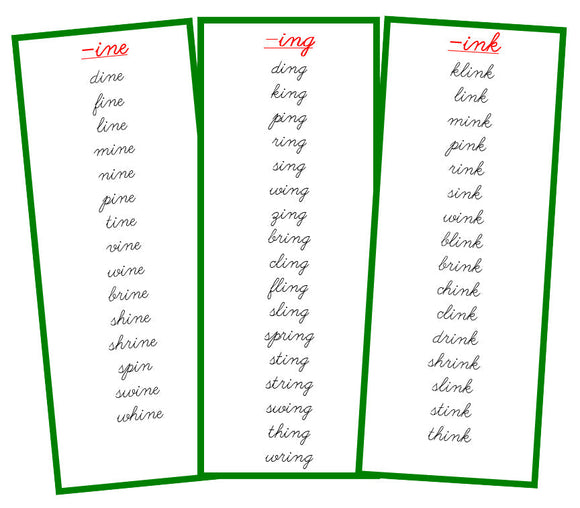 Green Word Families - CURSIVE - Montessori Print Shop language lesson