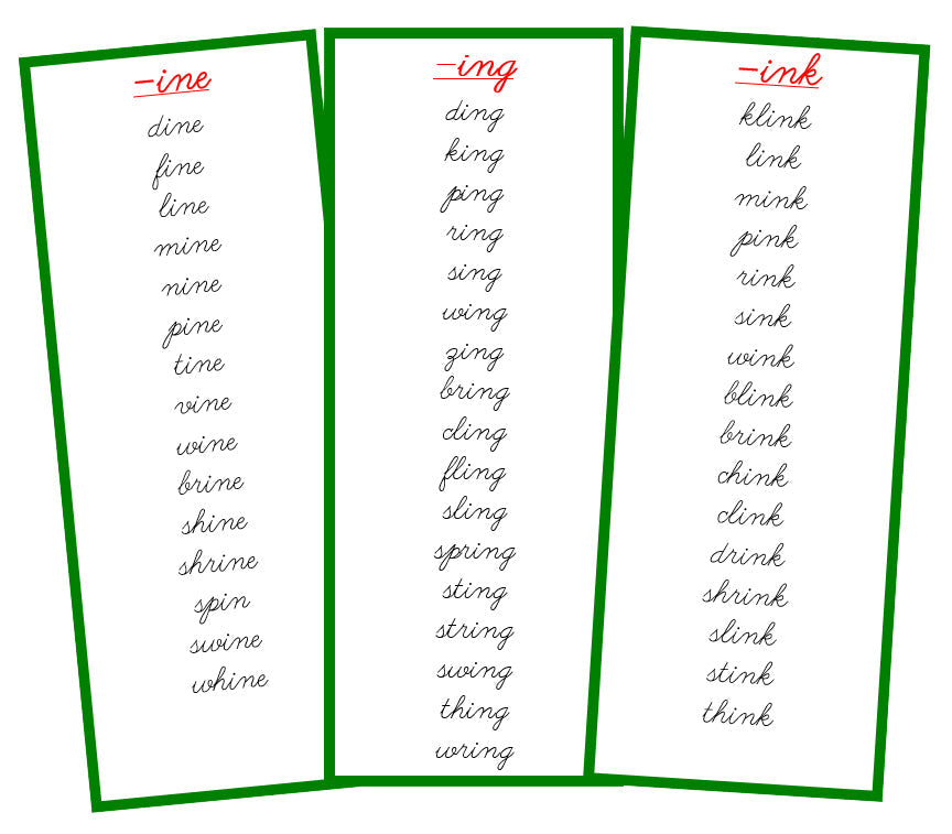 Green Word Families - CURSIVE - Montessori Print Shop language lesson