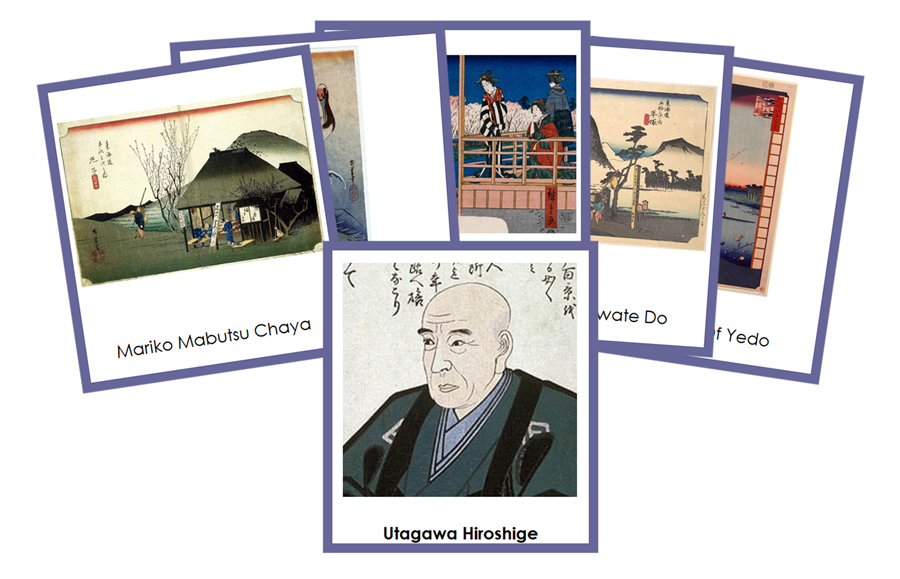 Utagawa Hiroshige 3-Part Art Cards (color-coded) - Montessori Print Shop Digital Download