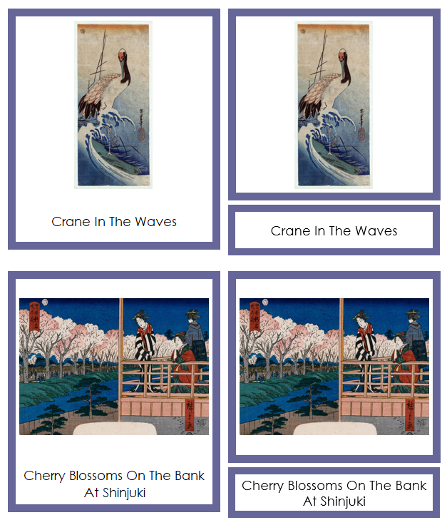 Utagawa Hiroshige 3-Part Art Cards (color-coded) - Montessori Print Shop Digital Download