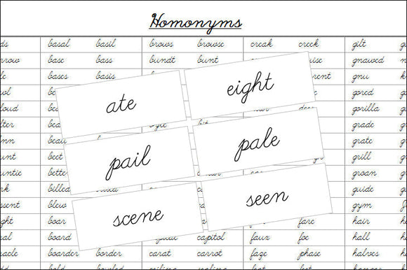 Homonyms Matching Cards (cursive) - Montessori Print Shop Grammar Lesson