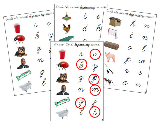 Montessori Step 1: Initial Sound Choice Cards (photos) - CURSIVE - Montessori Print Shop phonics lesson