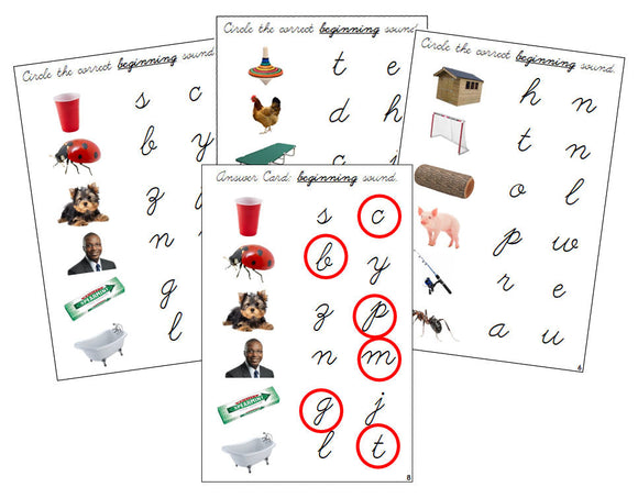 Montessori Step 1: Initial Sound Choice Cards (photos) - CURSIVE - Montessori Print Shop phonics lesson