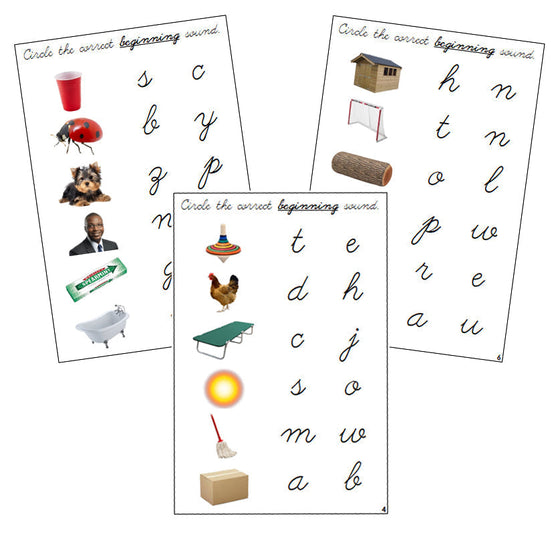 Step 1: Initial Sound Choice Cards (photos) - CURSIVE - Montessori Print Shop phonics lesson