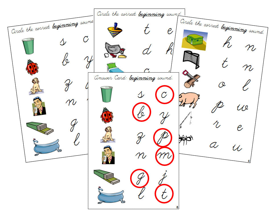 Montessori Step 1: Initial Sound Choice Cards - CURSIVE - Montessori Print Shop phonics lesson