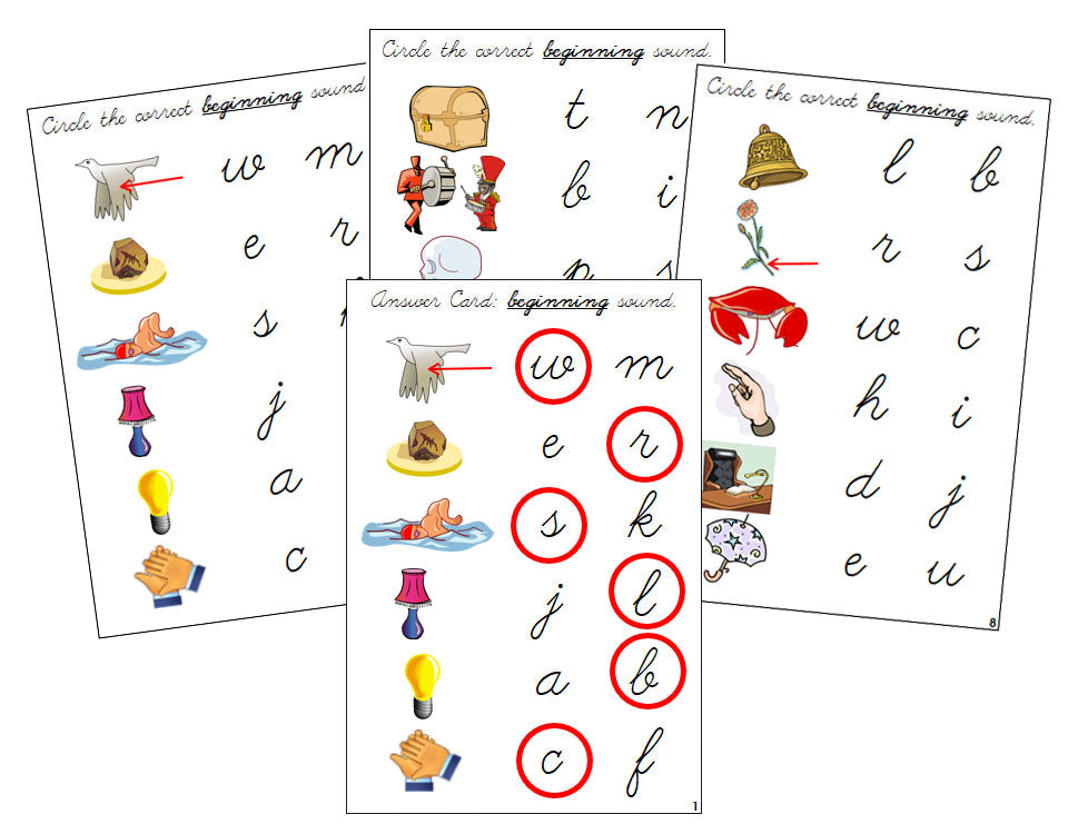 Montessori Step 2: Initial Sound Choice Cards - CURSIVE - Montessori Print Shop phonics lesson