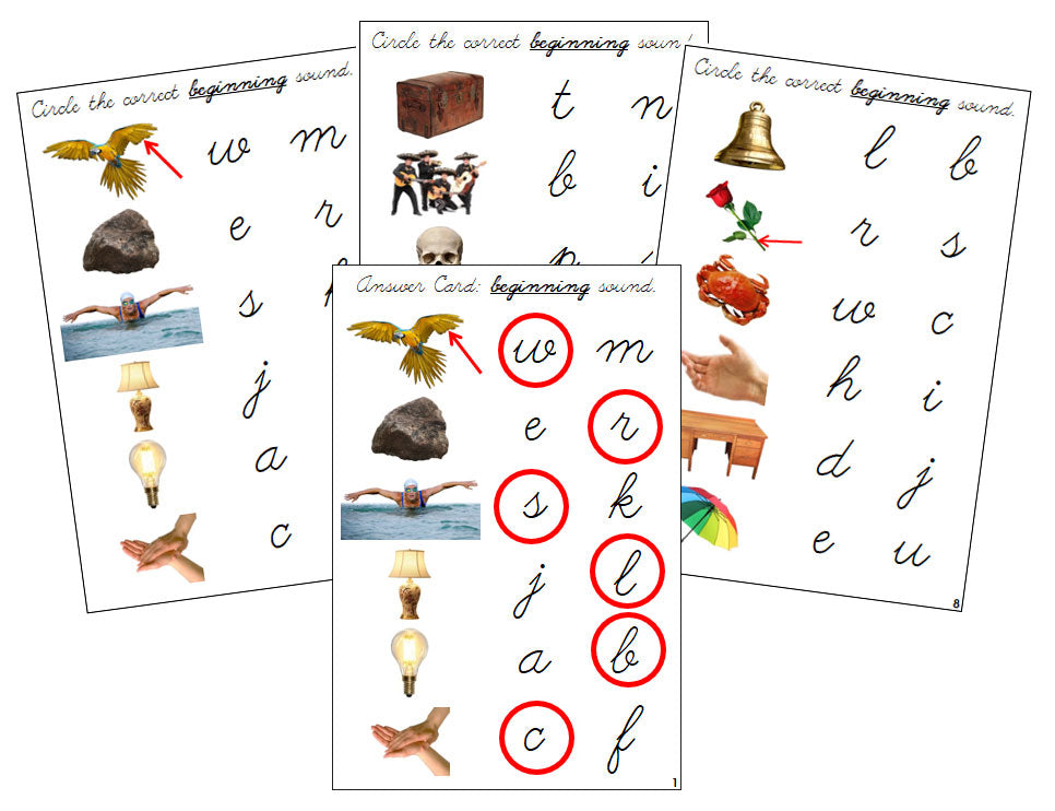 Montessori Step 2: Initial Sound Choice Cards (photos) - CURSIVE - Montessori Print Shop phonics lesson