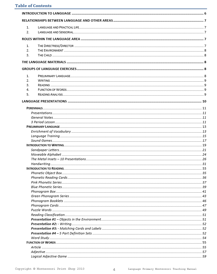 Montessori language table of contents - Montessori Print Shop Digital Download Primary Teaching Manuals