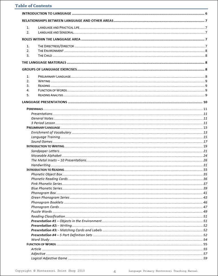 Primary Montessori Language Teaching Manual (Table of Contents) by Montessori Print Shop