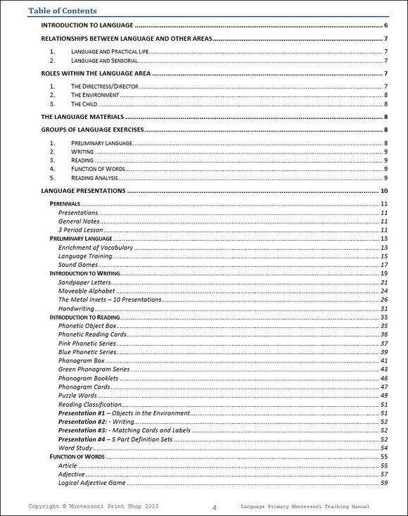 Primary Montessori Language Teaching Manual by Montessori Print Shop