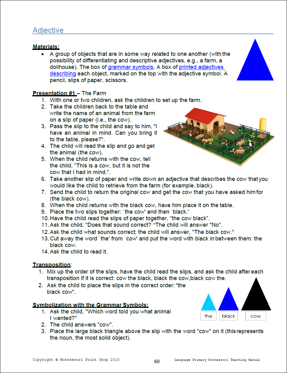 Primary Montessori Adjective Lesson (Farm Game) - Primary Montessori Language Teaching Manual by Montessori Print Shop