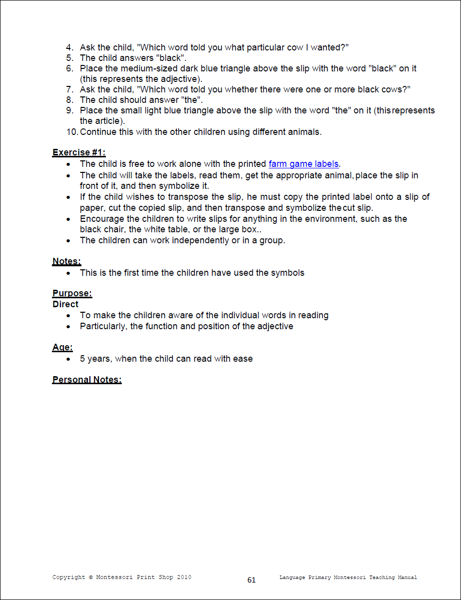 Primary Montessori Adjective Lesson (Farm Game) - Primary Montessori Language Teaching Manual by Montessori Print Shop