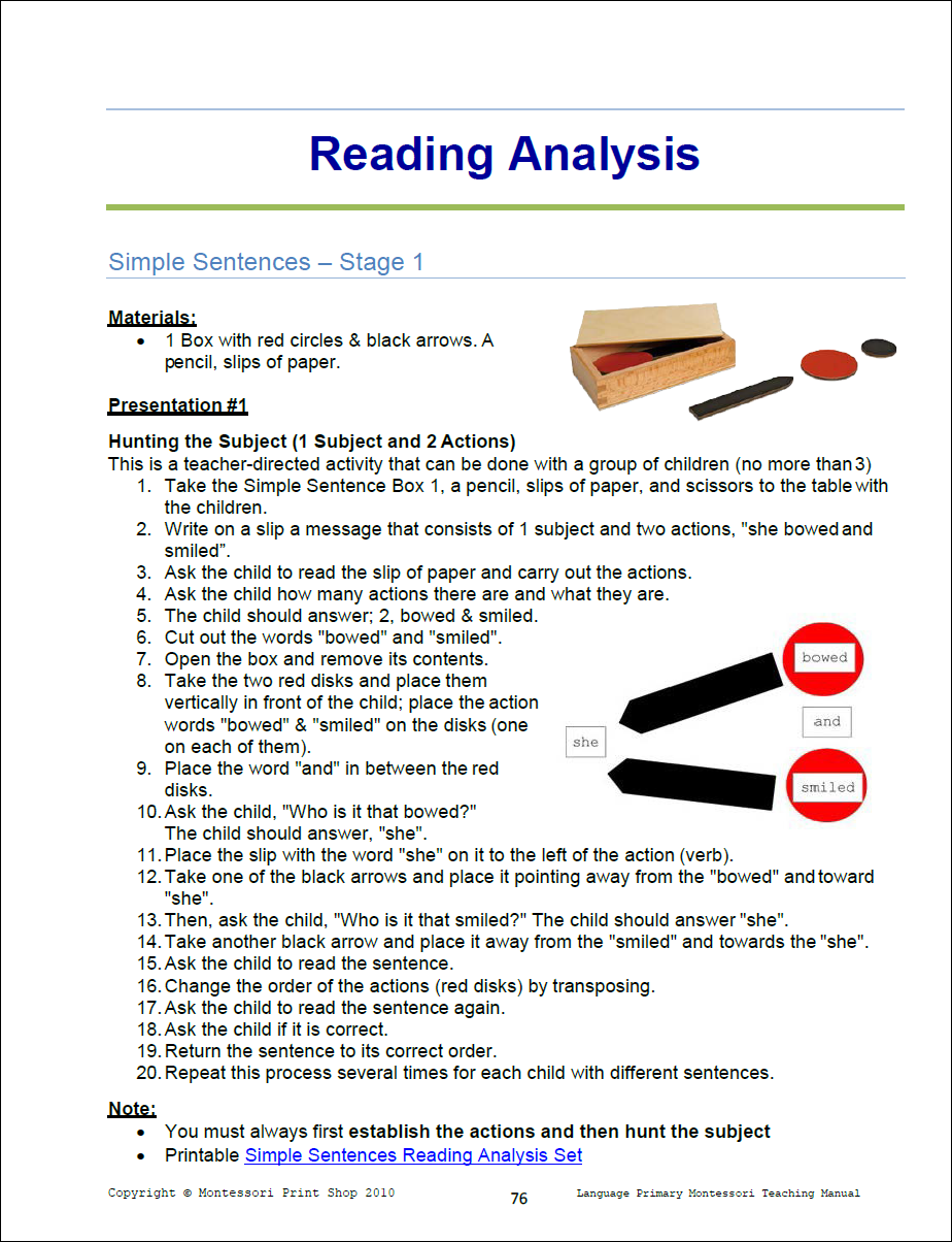 Primary Montessori Simple Sentences Lesson (Reading Analysis) - Primary Montessori Language Teaching Manual by Montessori Print Shop