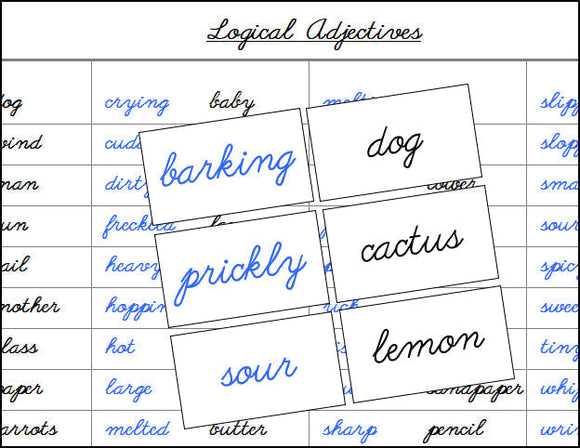 Logical Adjectives Matching Cards (cursive) - Montessori Print Shop grammar lesson