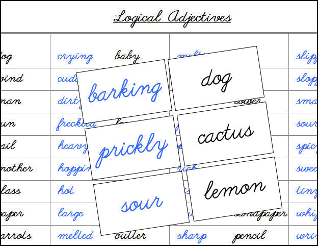 Logical Adjectives (cursive) - Montessori Print Shop Grammar Lesson
