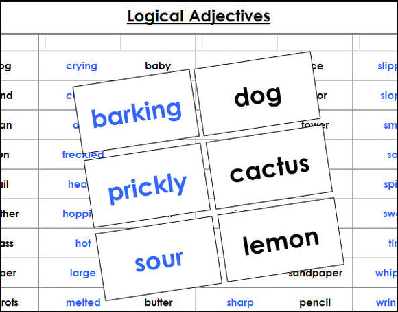 Logical Adjectives Matching Cards - Montessori Print Shop grammar lesson