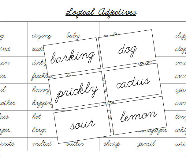 Logical Adjectives Matching Cards & Control Chart - Montessori Print Shop Grammar Lesson