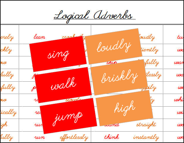 Logical Adverbs (color, cursive) - Montessori Print Shop Digital Download Grammar Lesson