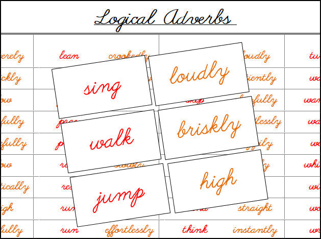 Logical Adverbs (cursive) - Montessori Print Shop Digital Download Grammar Lesson