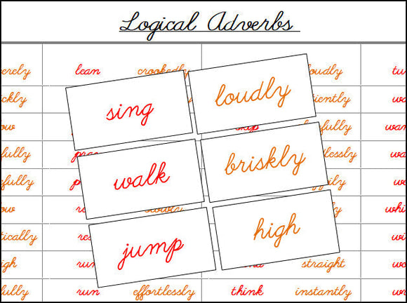 Logical Adverbs Matching Cards (cursive) - Montessori Print Shop grammar lesson