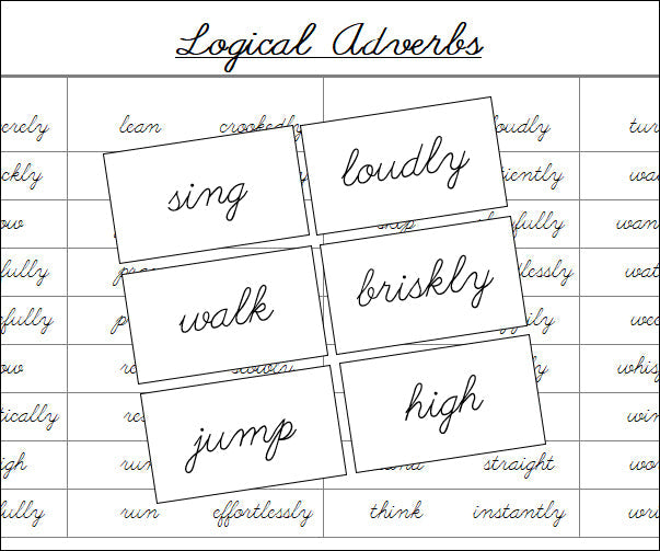Logical Adverbs Matching Cards (cursive) - Montessori Print Shop Digital Download grammar lesson