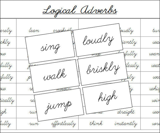 Logical Adverbs Matching Cards (cursive) - Montessori Print Shop grammar lesson