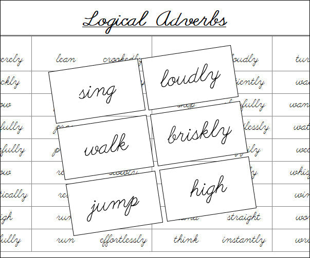 Logical Adverbs Matching Cards (cursive) - Montessori Print Shop grammar lesson