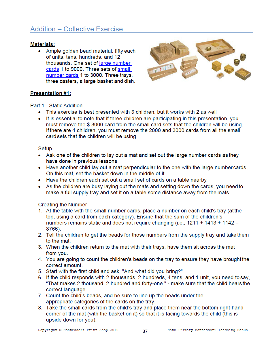 Primary Montessori Math - Addition (Collective Exercise) - Primary Montessori Teaching Manual by Montessori Print Shop